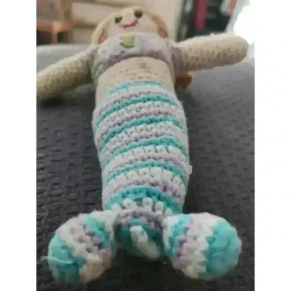 Pebble Crocheted Mermaid Girl w Aqua Purple & White Striped Tail Baby Rattle - Picture 2 of 4